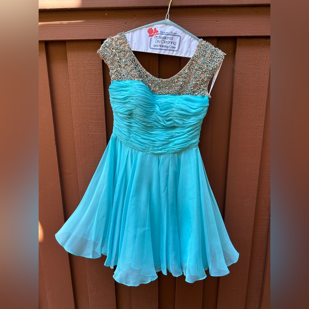 Sherri Hill Turquoise Mini Dress with Beaded Bodice